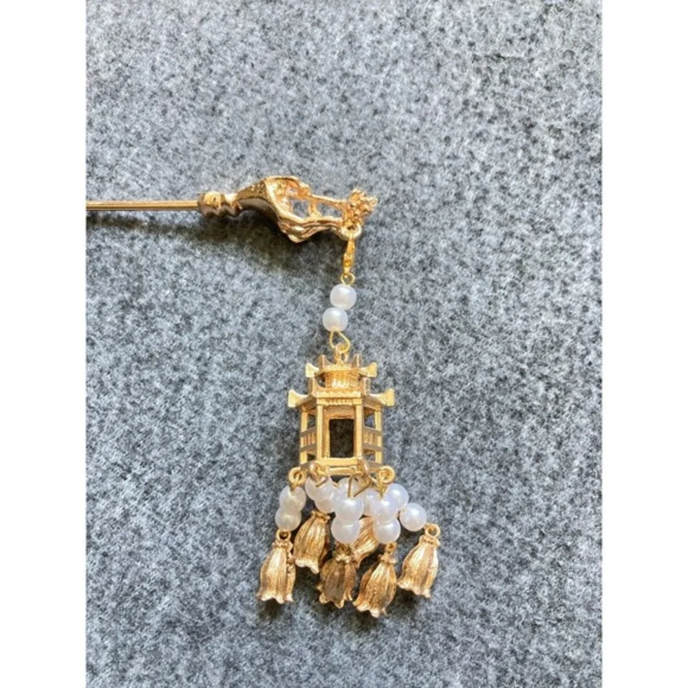 Pagoda Lantern Hair Stick Women OS Gold Excellent Dangle Pearl‎ Tassel Hanfu
